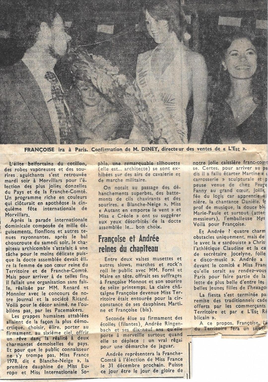 MISS Monot Françoise 1978    Nos Miss habitante de Morvillars  Mireille Stauff miss Territoire de Belfort 1979 . Francoise Monnot  Miss Territoire de Belfort 1978 Françoise Monnot 1ER Dauphine Miss Franche Comté 1979