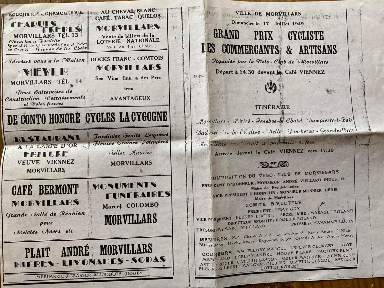 Juillet 1949 publicité pour course cycliste