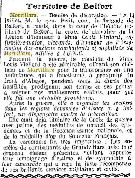 Mme Louis Viellard article de la voix du combatant 31 juillet 1921