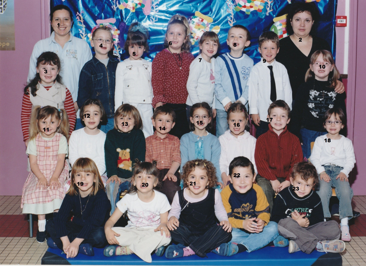 2004 2005 Maternelle Haut -1 Marion Nalin - 2 lilyana Micovic - 3 ? - 4 Baptiste Hedmer - 5 ? - 6 PerrIne Trappler - 7 Andrea Bretagne - 8 Colin Nico - 9 ? - 10 Manon Cottet - MILIEU - 11 Clara gressot - 12 ? - 13 ? - 14 Valentin Maranzana - 15 ? - 16 Celia Delsey - 17 ? - 18 Camille Iori - BAS - 19 Dylan Goncalves - 20 Aleksandra Micovic - 21 Aude Guigon - 22 ? - 23 Jérôme kerdudo