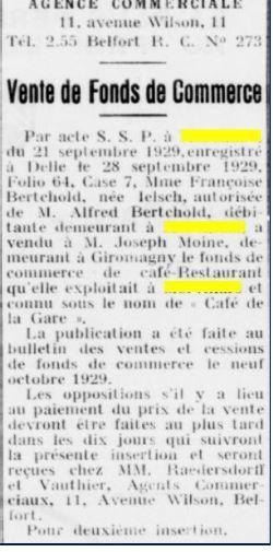 vente du fond de commerce septembre 1929 Café de la gare