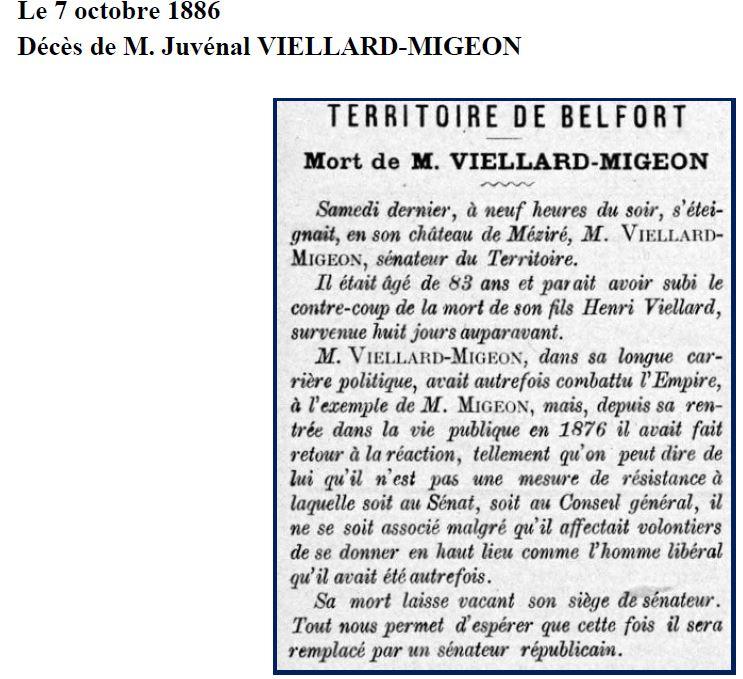 décès de Juvenal Viellard  OCTOBRE 1886