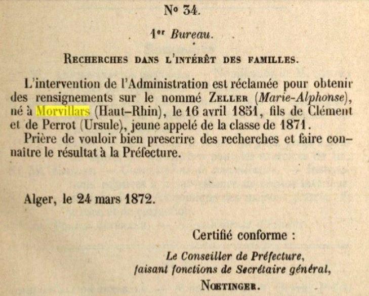 Avis de Recherche Zeller Marie Alphonse 1872