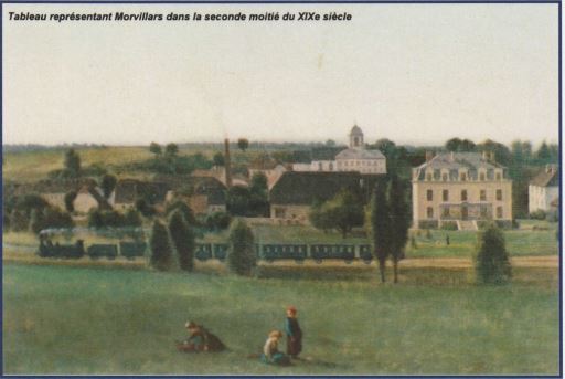 Morvillars vers 1872 aux premiers plans Château Louis avant transformation , au fond Église détruite 1882 , premier train 29 juin 1867