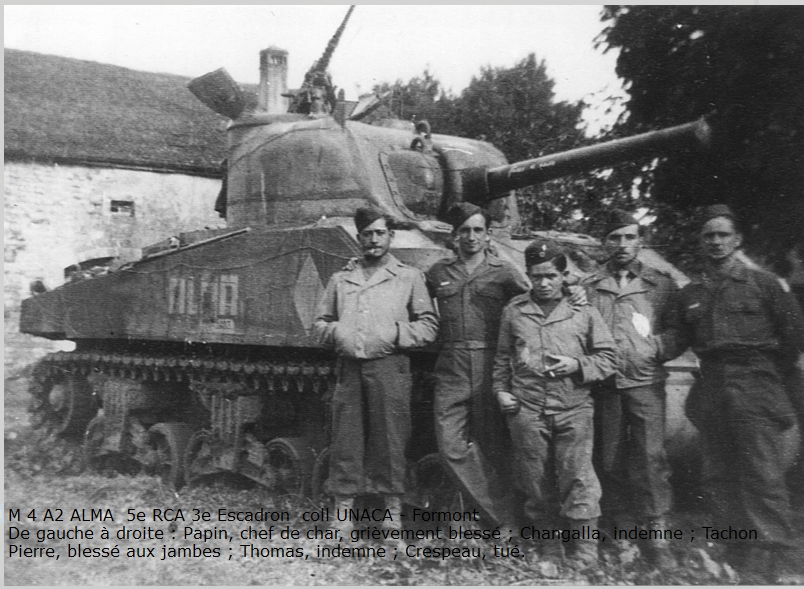Sherman M4A2 n°35 char du S/Lt Poole Détruit par un PAK75 le 19 novembre 1944 à Morvillars. Un mort et deux blessés parmi l'équipage.