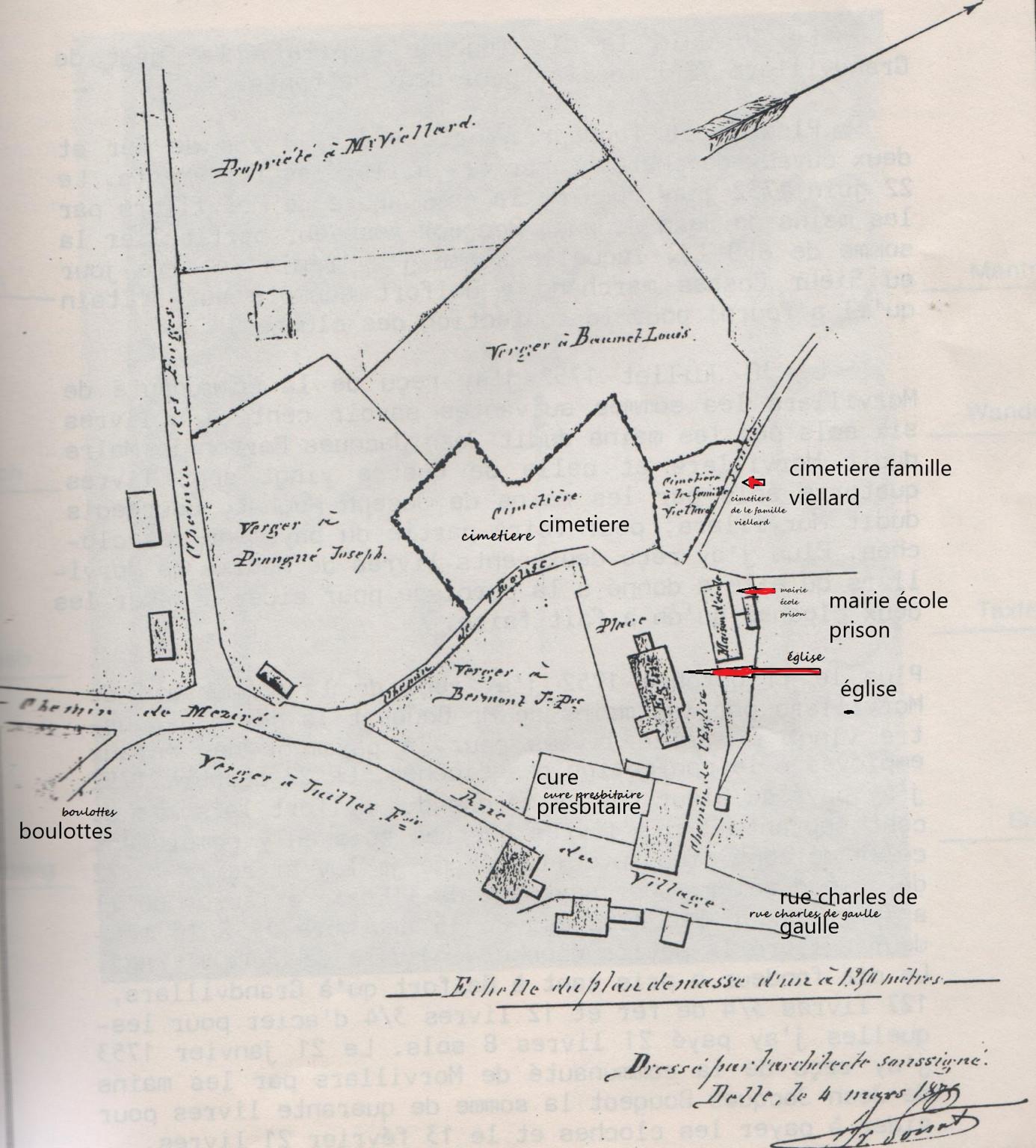 Une église existait déjà en 1222, celle si fut construite en 1752, cette église a été démolit en 1882 il fallut 3 ans pour reconstruire la nouvelle de 1883 a 1886, plan de l'ancienne église avec ses deux cimetières